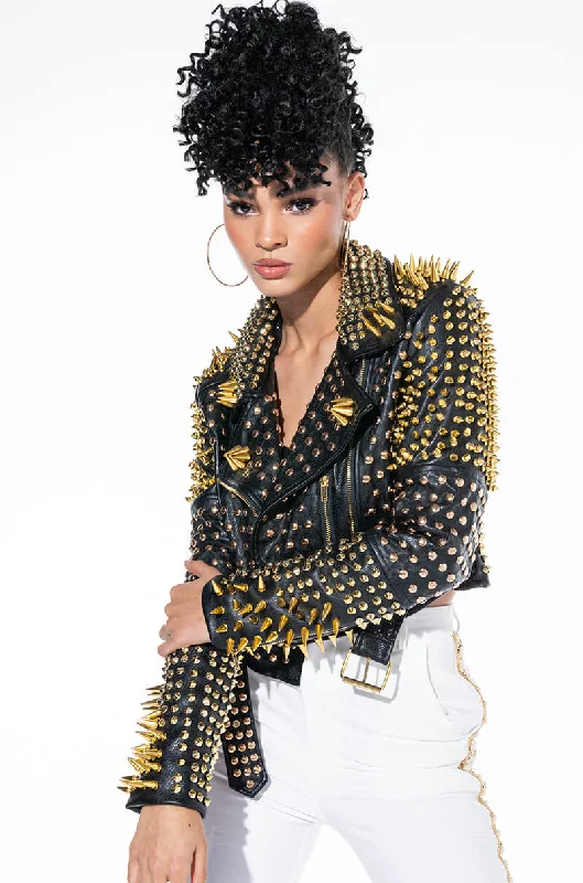 Refresh your wardrobe with trendy women’s apparel LUCIFER GOLD SPIKE STUD MOTO JACKET Refresh your wardrobe with trendy women’s apparel LUCIFER GOLD SPIKE STUD MOTO JACKET