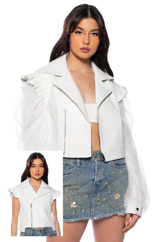 Curated collections of sophisticated women’s wear MOTO JACKET WITH POWER MESH SLEEVE Curated collections of sophisticated women’s wear MOTO JACKET WITH POWER MESH SLEEVE