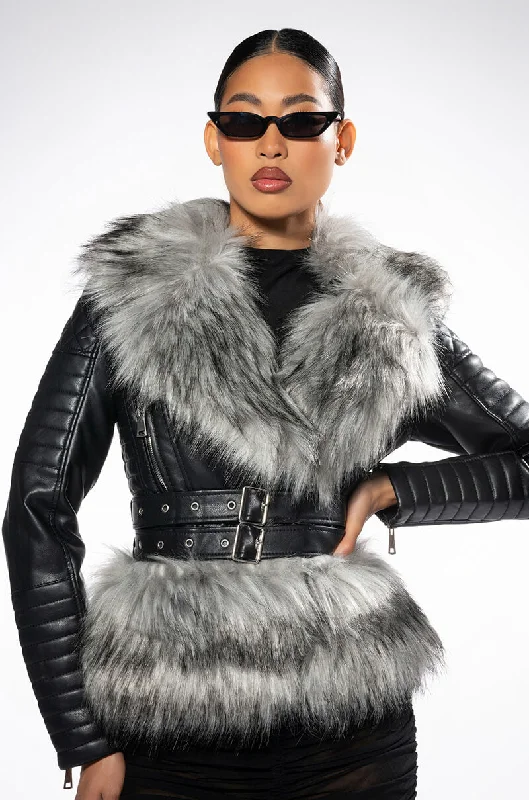 Chic, modern looks for the stylish woman NEVER CARED WAIST LINED FAUX FUR MOTO JACKET Chic, modern looks for the stylish woman NEVER CARED WAIST LINED FAUX FUR MOTO JACKET
