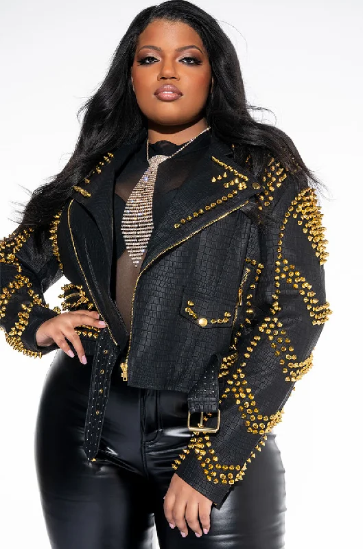 Perfect fashion pieces for the busy woman   PLUS SOFI GOLD STUD CROC MOTO JACKET