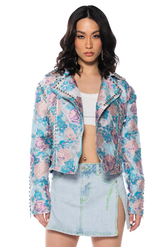 Refresh your wardrobe with high-quality women’s fashion BROCADE MOTO JACKET WITH STUDS Refresh your wardrobe with high-quality women’s fashion BROCADE MOTO JACKET WITH STUDS