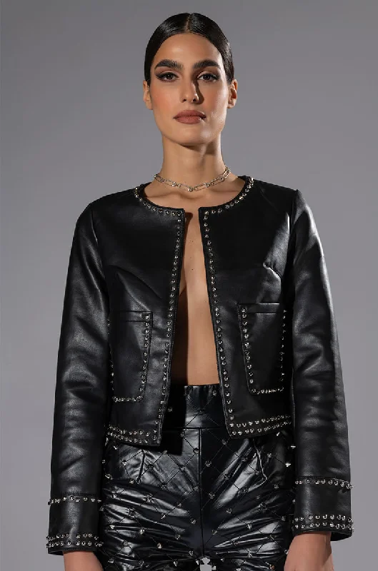 Find your perfect fit with stylish women’s clothing READY FOR THE PARTY STUDDED PU JACKET Find your perfect fit with stylish women’s clothing READY FOR THE PARTY STUDDED PU JACKET