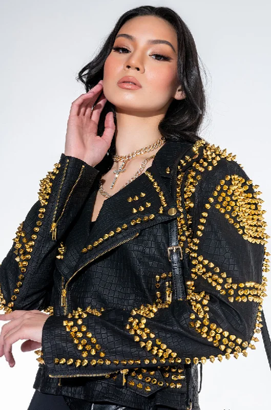 Refresh your wardrobe with stylish women’s outfits   SOFI GOLD STUD CROC MOTO JACKET