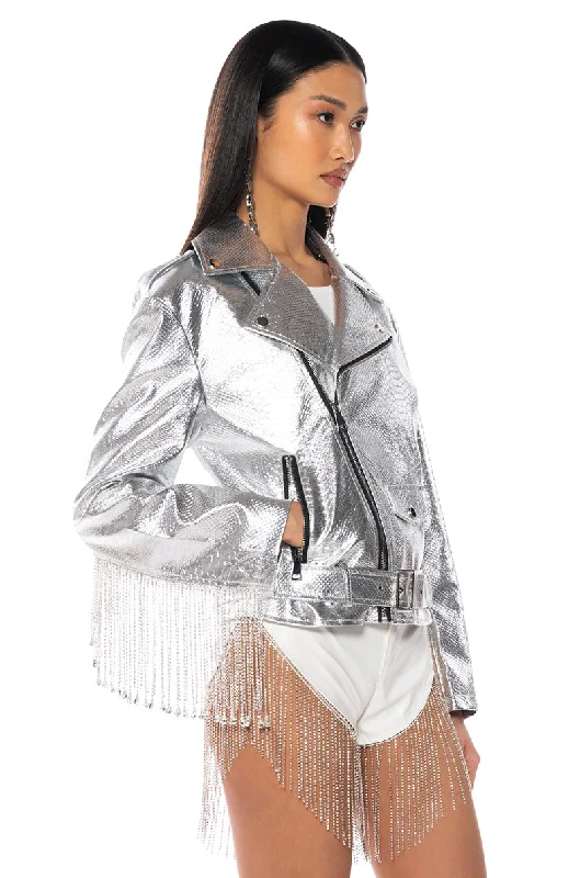 Versatile outfits to transition from day to night   SPACE CASE METALLIC FRINGE MOTO