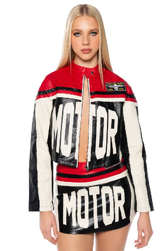 Effortlessly chic outfits for the modern woman   SPEED UP MOTOR FAUX LEATHER JACKET