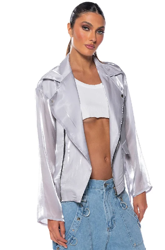 Feminine fashion to express your unique style   TELL ME MORE MESH MOTO JACKET
