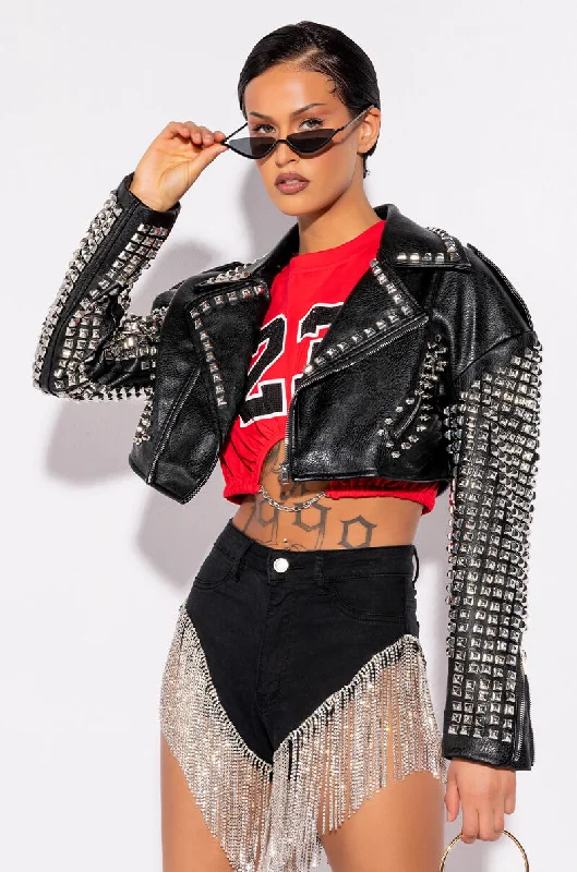 Feminine fashion to express your unique style THE ESSENTIAL MOTO JACKET WITH STUDDED ARMS Feminine fashion to express your unique style THE ESSENTIAL MOTO JACKET WITH STUDDED ARMS