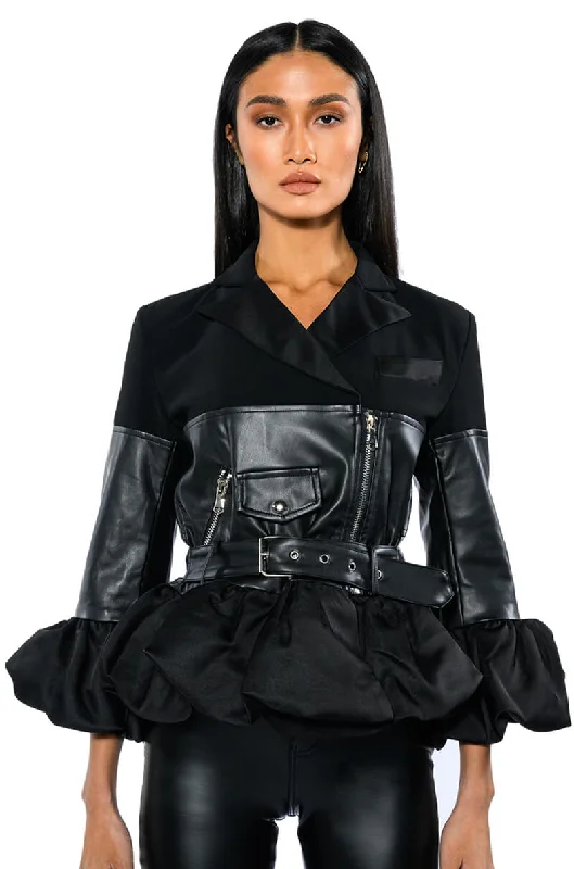 Express your style with fashionable women’s clothing   THREE QUARTER BELL SLEEVE MOTO JACKET WITH PU PANEL