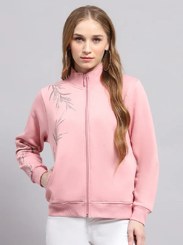 Trendy women’s clothing    Women Pink Printed Mock Neck Full Sleeve Sweatshirt