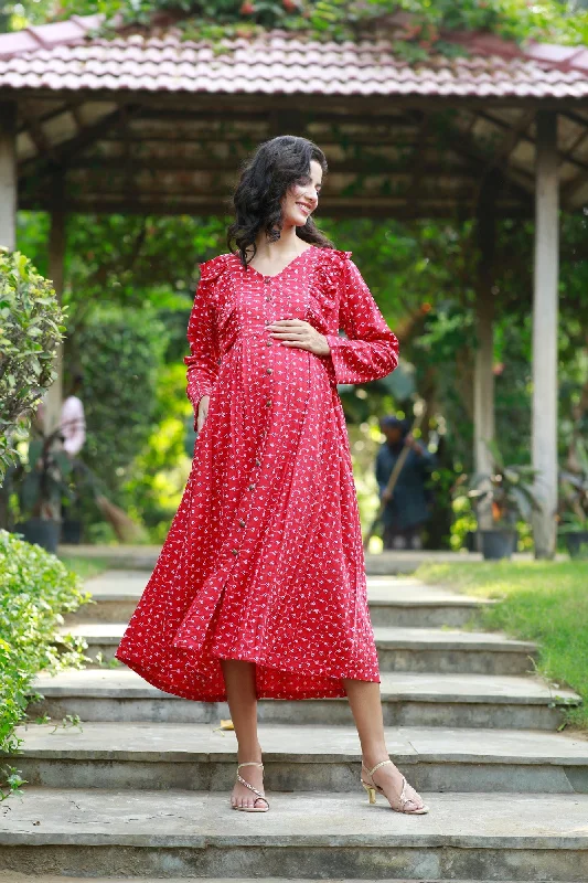 Elegant evening wear for special events   Adorable Candy Red Blossom Maternity & Nursing Dress (100% Cotton)