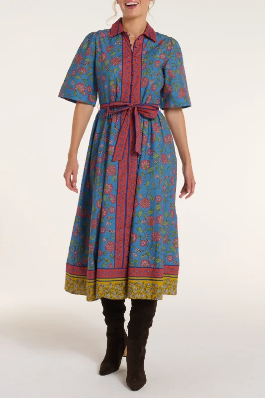 Sustainable fashion for stylish women Alexandra Collar Belted Tie Midi Dress in Blue Floral Sustainable fashion for stylish women Alexandra Collar Belted Tie Midi Dress in Blue Floral