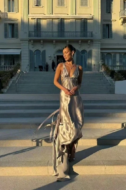 Step up your style with trendy women’s clothing   Bella Hadid Deep V-neck Silver Satin Gown, Simple Sexy Evening Dresses, Party Dresses, Newest Prom Dresses