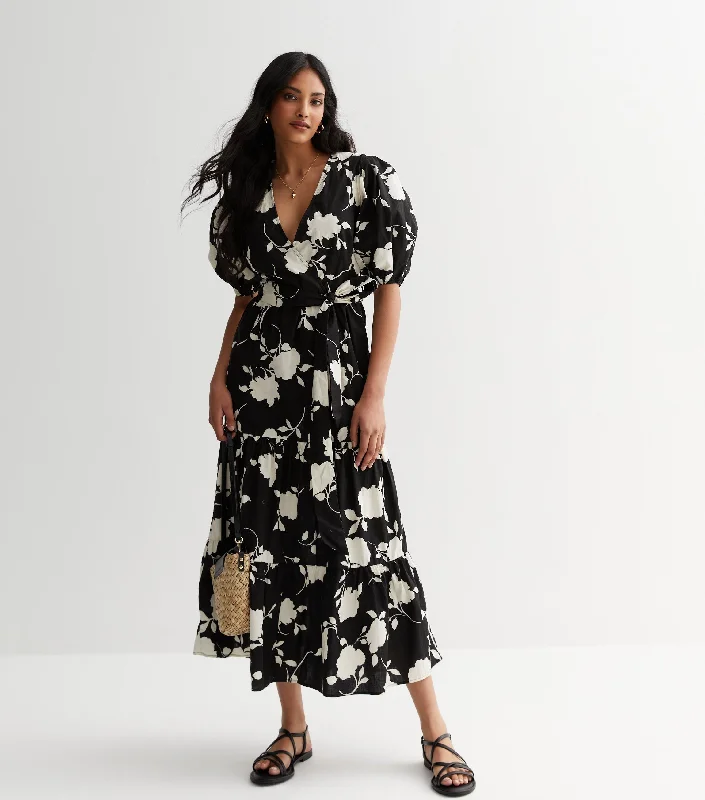 Elegant and comfortable women’s fashion wear Black Floral Poplin Wrap Tiered Midi Dress Elegant and comfortable women’s fashion wear Black Floral Poplin Wrap Tiered Midi Dress