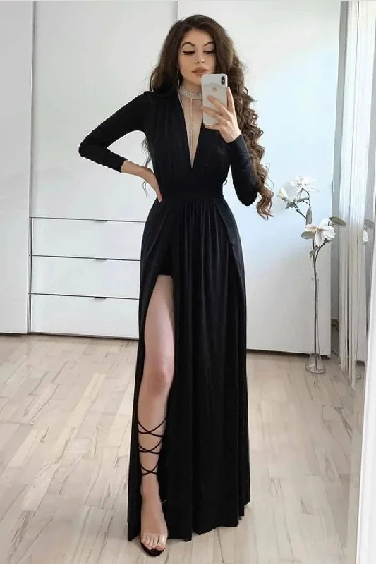 Versatile fashion for every type of woman Black Long Sleeves Prom Dress with Leg Split Side Versatile fashion for every type of woman Black Long Sleeves Prom Dress with Leg Split Side