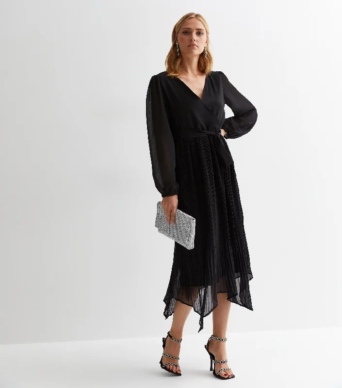 Luxurious fabrics and modern designs for women Black Pleated Hanky Hem Wrap Midi Dress Luxurious fabrics and modern designs for women Black Pleated Hanky Hem Wrap Midi Dress