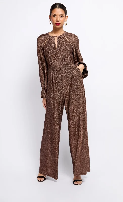 Bold fashion choices for the confident woman Brown Metallic Cut Out Jumpsuit by Vogue Williams Bold fashion choices for the confident woman Brown Metallic Cut Out Jumpsuit by Vogue Williams