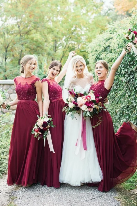 Feminine silhouettes for the modern woman   Burgundy Bridesmaid Long Dress for Wedding Party Lace Cap Sleeves