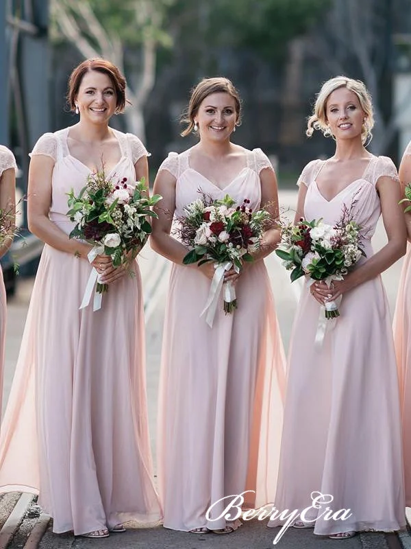 Luxurious fabrics and modern designs for women   Cap Sleeves A-line Blush Pink Chiffon Lace Long Bridesmaid Dresses