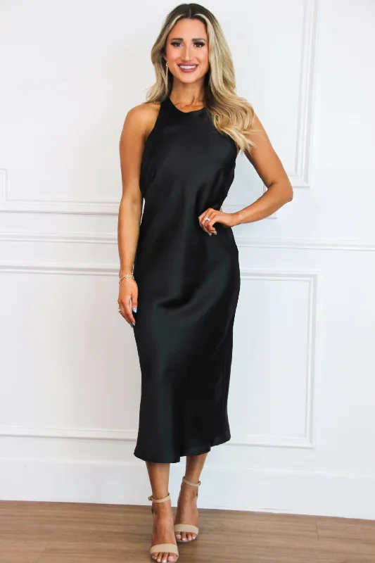 Essential women’s clothing for every season Cely High Neck Satin Midi Dress: Black Essential women’s clothing for every season Cely High Neck Satin Midi Dress: Black