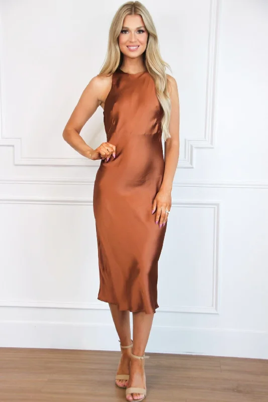 Summer-ready fashion for stylish women   Cely High Neck Satin Midi Dress: Chocolate
