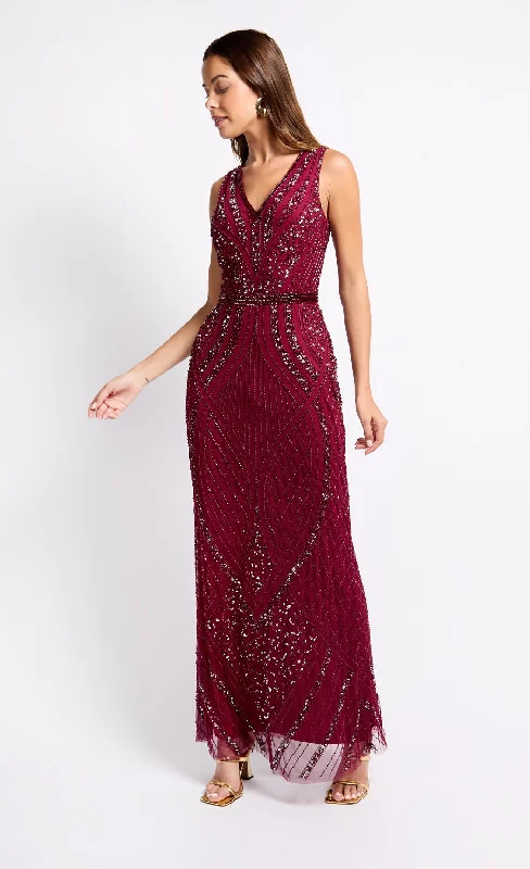 Elegant and comfortable women’s fashion wear   Cherry Red Embellished Deco Maxi Dress