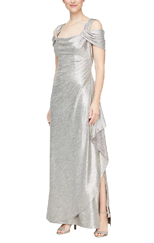 Chic and comfortable clothing for busy women Long Metallic Knit Cowl Neck Cold Shoulder Dress With Cascade Detail Skirt Chic and comfortable clothing for busy women Long Metallic Knit Cowl Neck Cold Shoulder Dress With Cascade Detail Skirt