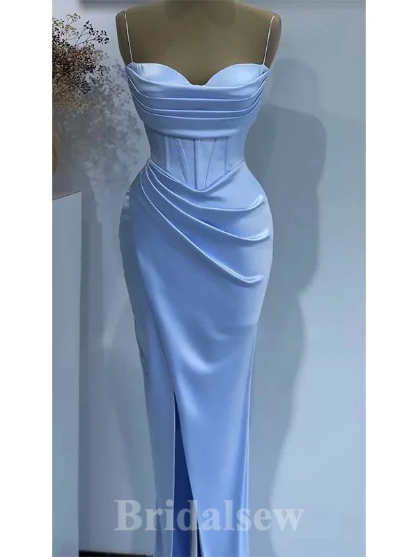 Elevate your look with premium women’s wear   Dusty Blue Spaghetti Straps Mermaid Evening Formal Long Prom Dresses PD1385