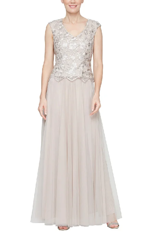 Women’s fashion that reflects your personality   Long V-Neck Stretch Tulle Embroidered Mock  Dress with Cap Sleeves and Full Skirt