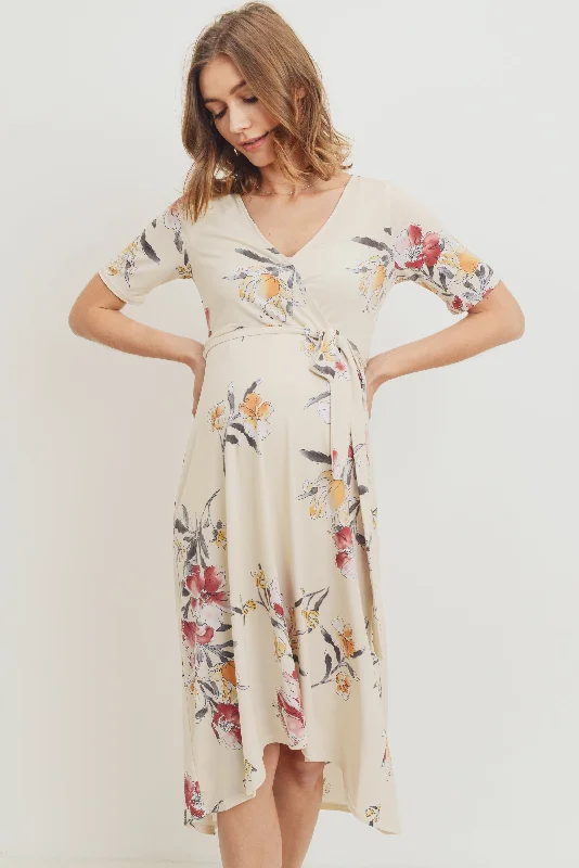 Essential women’s clothing for every season Cream Floral Surplice High-Low Maternity/Nursing Dress Essential women’s clothing for every season Cream Floral Surplice High-Low Maternity/Nursing Dress