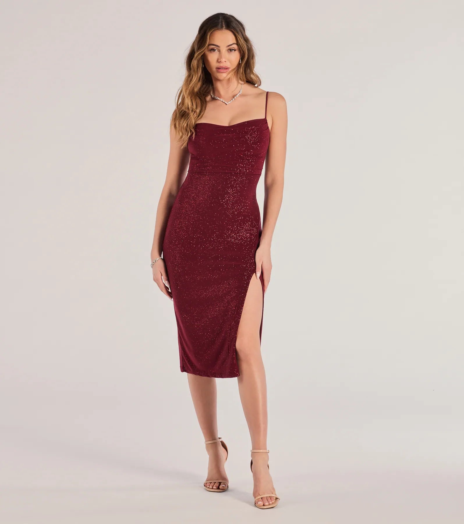 Uncover unique pieces for your perfect wardrobe Glam Radiance High-Slit Glitter Midi Dress Uncover unique pieces for your perfect wardrobe Glam Radiance High-Slit Glitter Midi Dress