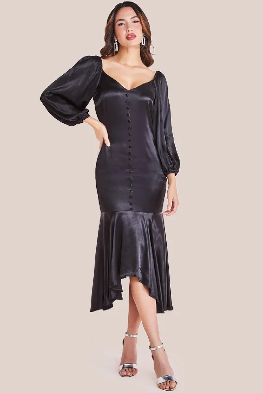 Affordable stylish women’s fashion collection Goddiva Satin Viscose Front Buttoned Dipped Hem Midaxi Dress - Black Affordable stylish women’s fashion collection Goddiva Satin Viscose Front Buttoned Dipped Hem Midaxi Dress - Black