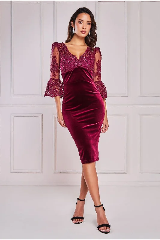 Effortlessly chic fashion for today’s woman   Goddiva Scalloped Lace & Velvet Midi - Burgundy