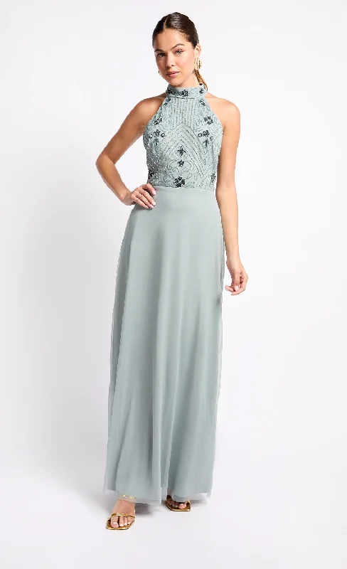 Sleek and sophisticated fashion for modern women Grey Embellished High Neck Maxi Dress Sleek and sophisticated fashion for modern women Grey Embellished High Neck Maxi Dress