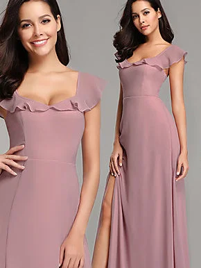 Fashion-forward styles that make a statement   Long A-line Side Slit Purple Chiffon Bridesmaid Dresses
