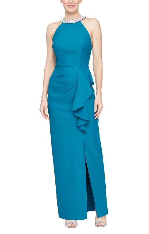 Elevate your look with premium women’s wear   Long Halter Neck Compression Dress with Embellished Neckline and Cascade Skirt