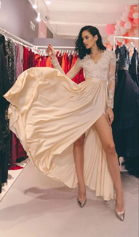 Sustainable fashion for stylish women   Long sleeve bridesmaid dresses champagne lace appliques v neck slit formal prom gown for wedding party     cg23117