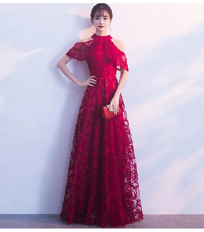 Versatile fashion options for every occasion Lovely Halter Neckline Dark Red Lace Long Bridesmaid Dress, A-Line Wine Red Prom Dress cg20572 Versatile fashion options for every occasion Lovely Halter Neckline Dark Red Lace Long Bridesmaid Dress, A-Line Wine Red Prom Dress cg20572