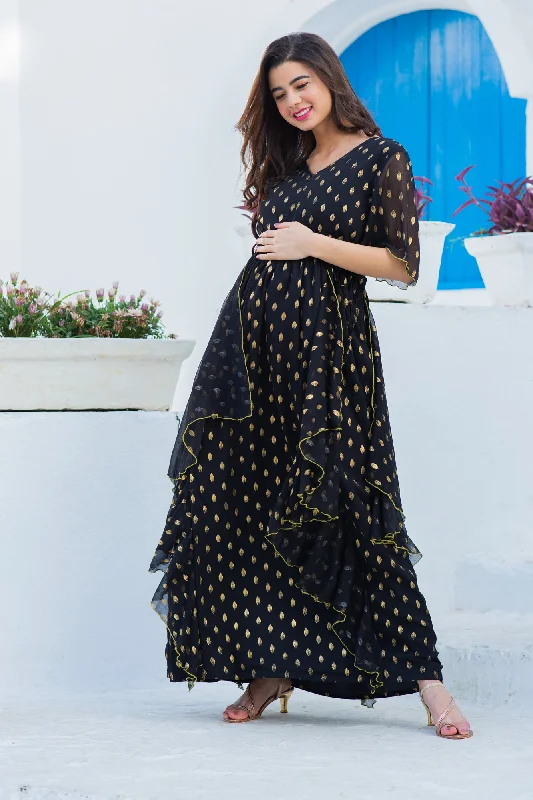 Effortlessly stylish outfits for the modern woman Luxe Midnight Gold Embellished Maternity & Nursing Flow Dress Effortlessly stylish outfits for the modern woman Luxe Midnight Gold Embellished Maternity & Nursing Flow Dress