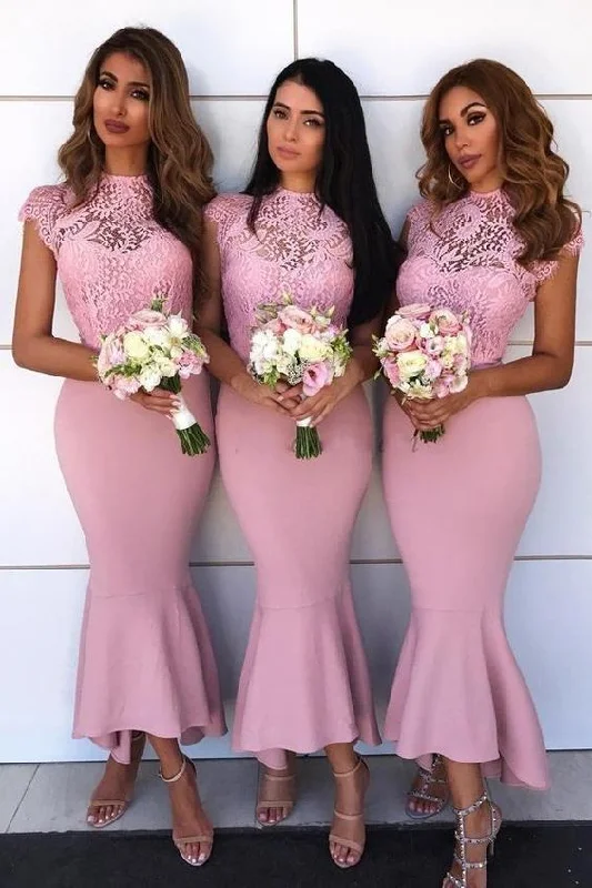 Effortlessly chic fashion for today’s woman   Mermaid Jewel Lace Cap Sleeves Hi-Low Asymmetry Pink Bridesmaid Dresses prom dress evening dress      cg23735