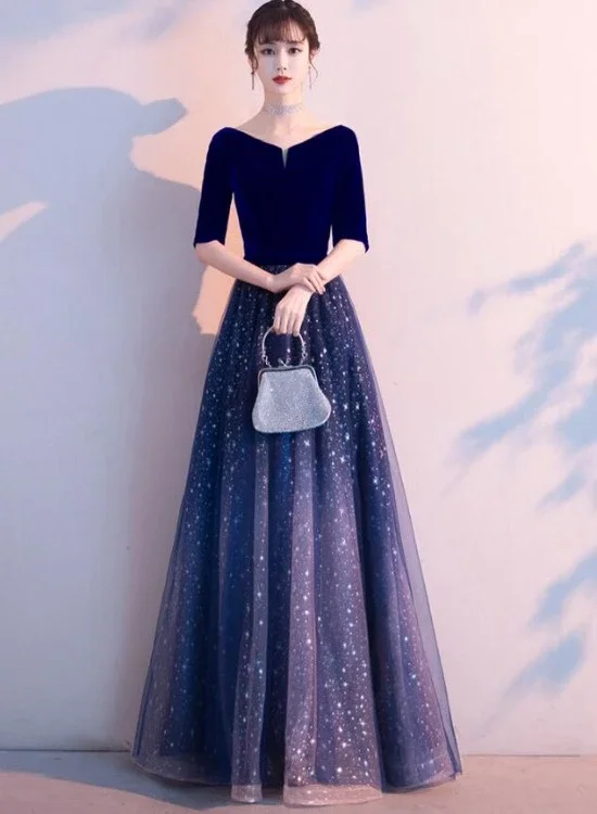 Elegant and comfortable women’s fashion wear   Navy Blue Velvet Short Sleeves With Shiny Tulle Long Party prom Dress, Blue Bridesmaid Dress Prom Dress    cg21789