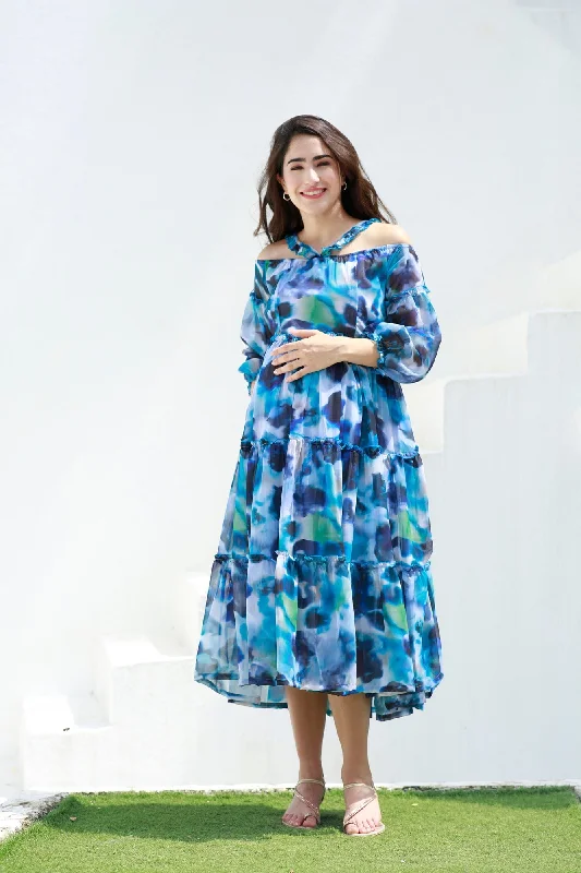 Affordable fashion that looks high-end Paradise Blue Waves Halter Maternity & Nursing Frill Dress Affordable fashion that looks high-end Paradise Blue Waves Halter Maternity & Nursing Frill Dress