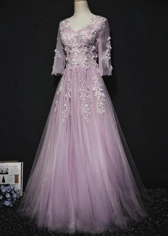 Summer-ready fashion for stylish women Pink Long Sleeves Tulle With Flowers V-Neckline Prom Dress, A-Line Pink Bridesmaid Dress Party Dress cg21372 Summer-ready fashion for stylish women Pink Long Sleeves Tulle With Flowers V-Neckline Prom Dress, A-Line Pink Bridesmaid Dress Party Dress cg21372