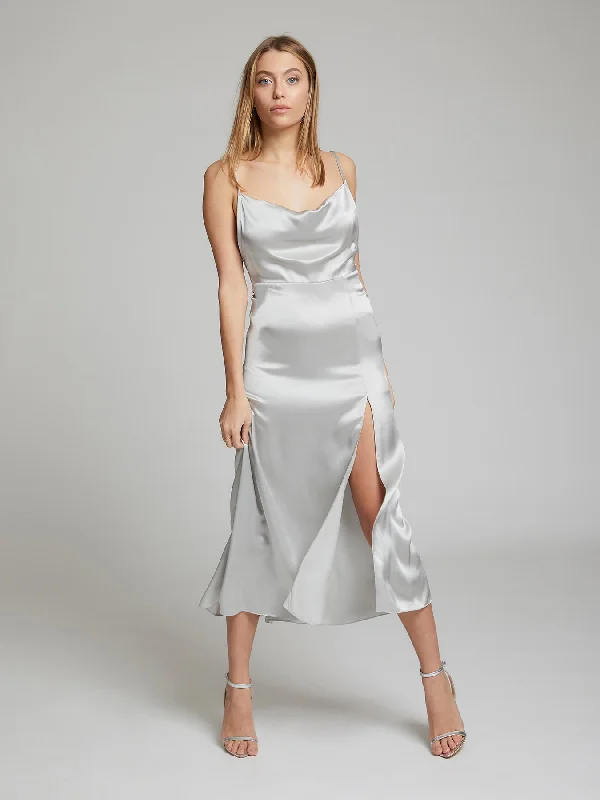 Stylish women’s clothing designed for comfort   Selah silk dress in silver