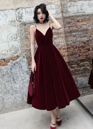 Timeless clothing pieces every woman should own   Simple burgundy tea Length prom dress, burgundy bridesmaid dress cg1619