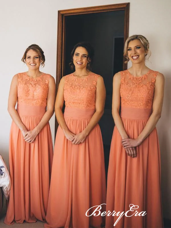 Bold and beautiful clothing for every woman   Sleeveless Orange Lace Chiffon A-line Long Bridesmaid Dresses