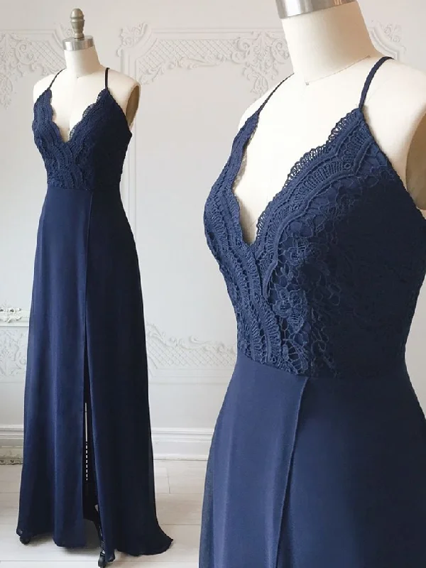 Uncover unique pieces for your perfect wardrobe   Spaghetti Straps Floor Length Navy Blue Lace Prom Dresses, Navy Blue Lace Formal Evening Bridesmaid Dresses cg680