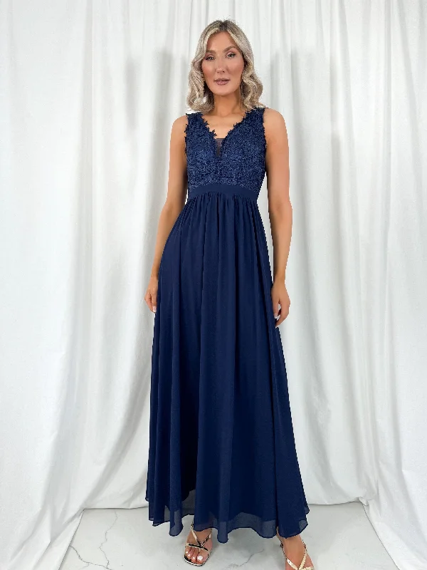 Versatile fashion options for every occasion Telma Broderie Top Pleated Maxi Dress - Navy Versatile fashion options for every occasion Telma Broderie Top Pleated Maxi Dress - Navy