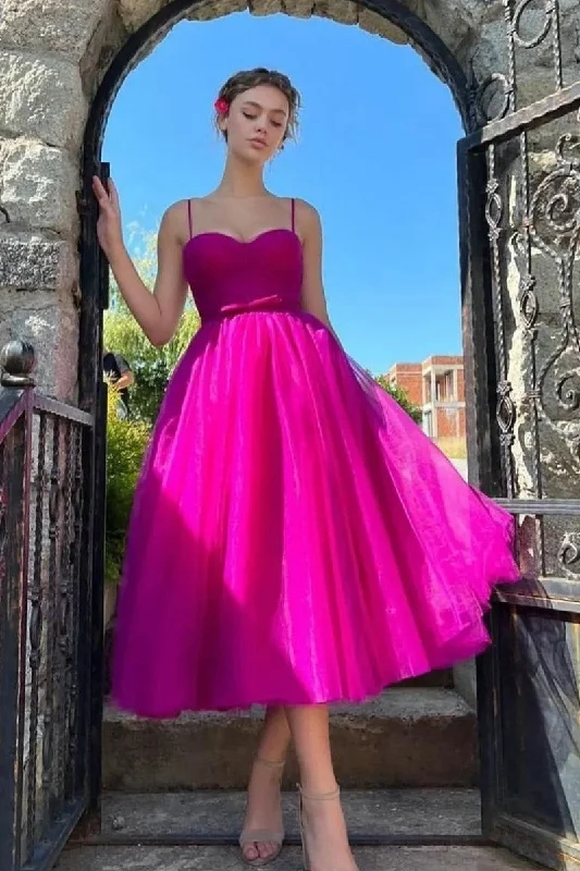 Get noticed with eye-catching women’s fashion Tulle Tea-Length Fuchsia Prom Gown with Thin Straps Get noticed with eye-catching women’s fashion Tulle Tea-Length Fuchsia Prom Gown with Thin Straps