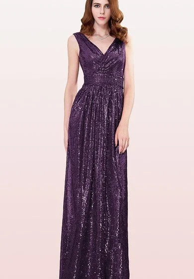 Versatile fashion for every type of woman   V-neck A Line Sleeveless Floor-length Sequins Bridesmaid Dress With Ruching