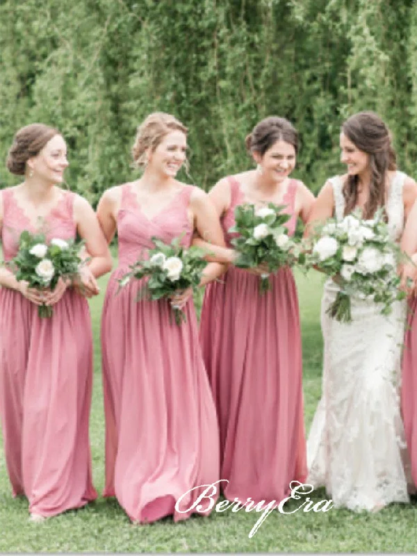 Casual yet chic women’s outfits for work or play   V-neck Dusty Rose Lace Chiffon A-line Bridesmaid Dresses